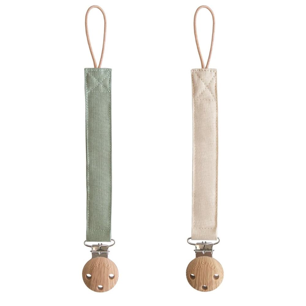 2-Pack Linen Baby Pacifier Clip Holder, Soft Fabric Strap, (Olive/Shifting Sand)